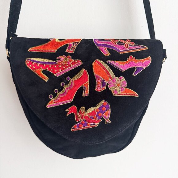 Vintage J. Renee Black Suede Shoe Embroidered Oval Crossbody Bag - Picture 4 of 12